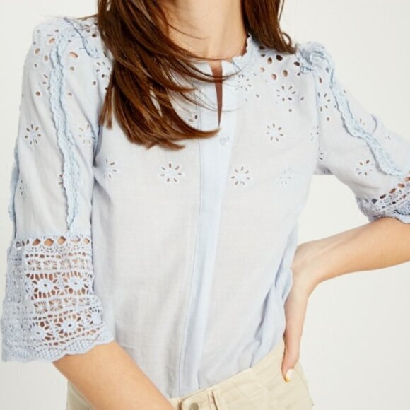 Listicle Tops - Listicle Boutique 3/4 Sleeve Floral Eyelet Crochet Lace Button Down Top Blouse
